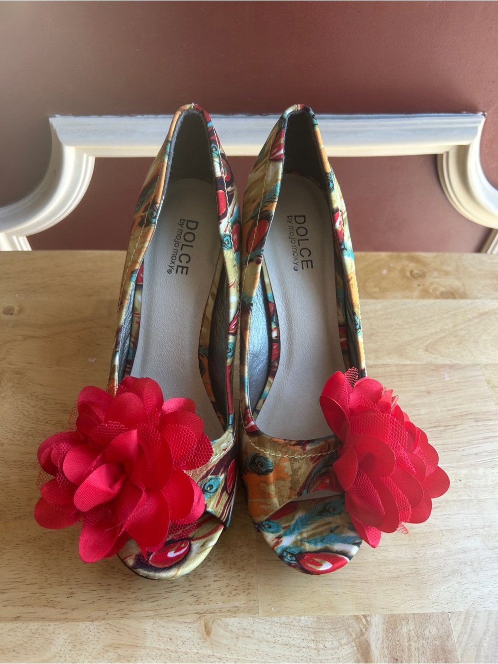Floral Print Peep-Toe Pumps with Red Flower Accent